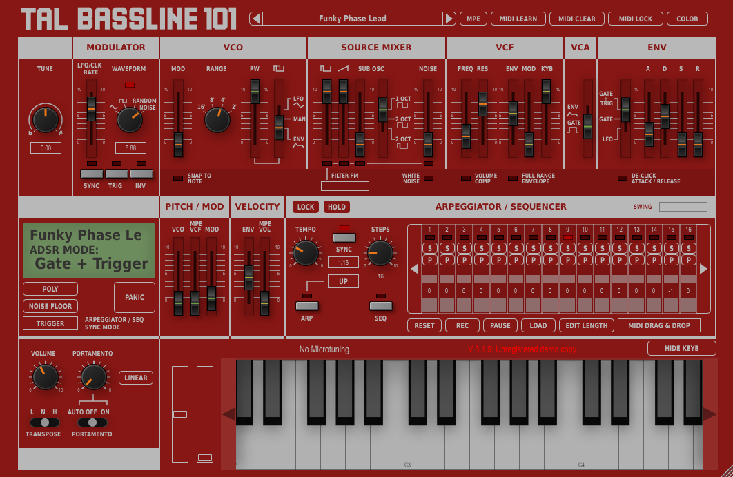 TAL Bassline 101, red GUI, with virtual keyboard